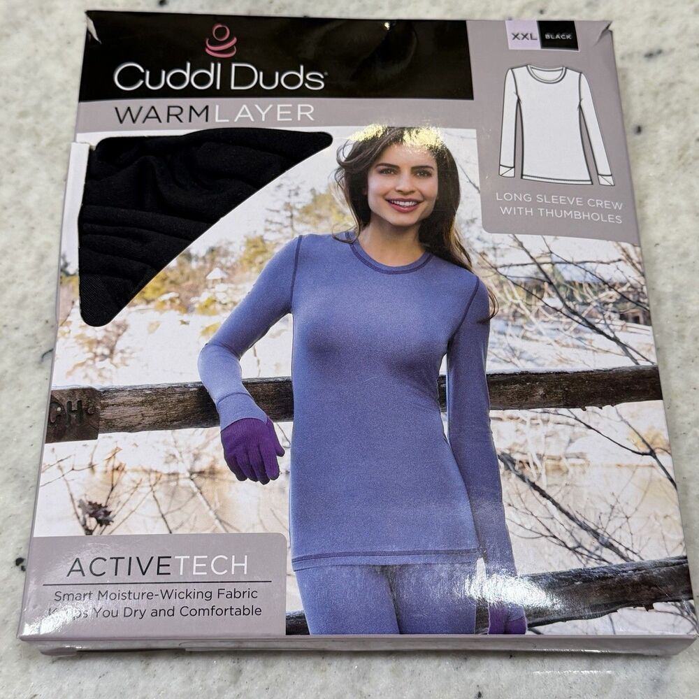 Cuddl Duds Warm Layer Active Tech Long Sleeve Crew Women XXL NIB Thumbholes BLK